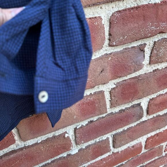 Eileen Fisher $178 Mini Check Crepe Mandarin Collar Top navy blue Large - Picture 4 of 13